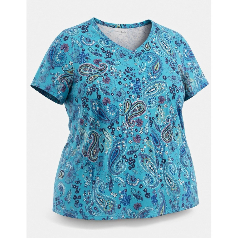 Woman Within Teal Paisley Short Sleeve V-Neck Top Plus Size 26/28 2X Soft Knit